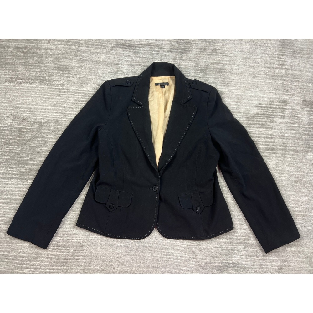 I.N. Studio Blazer Women 14 Black Single Button Pick Stitch Military Epaulettes